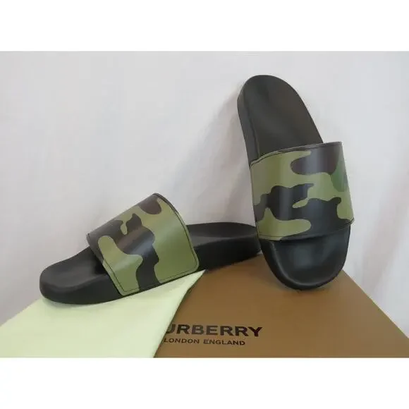 BURBERRY FURLEY GREEN RUBBER CAMOUFLAGE LETTERING LOGO SANDAL SLIDES 44 US 11